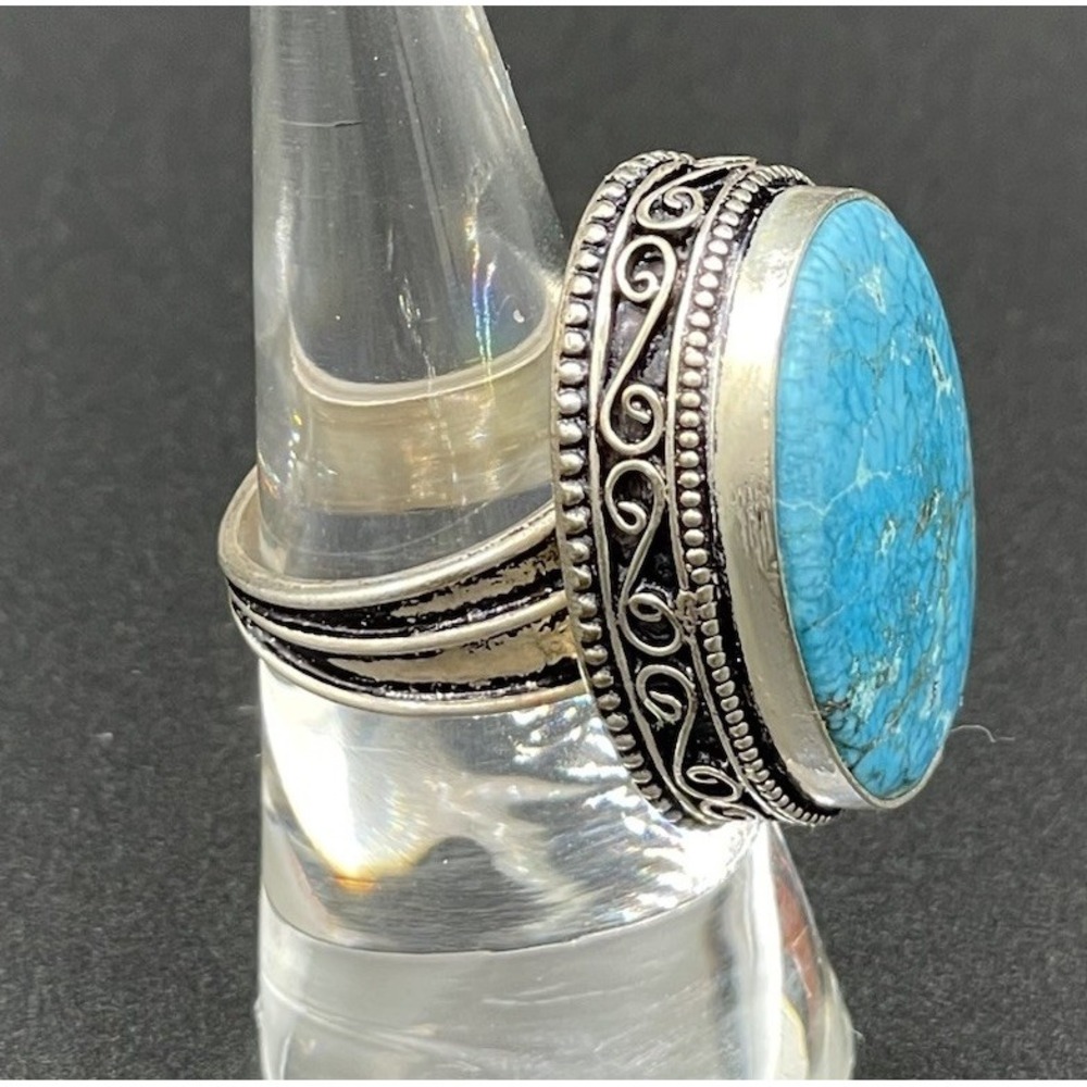 Southwest Native American 925 Sterling Silver Turquoise Size 6.5 Ring 12.23g
